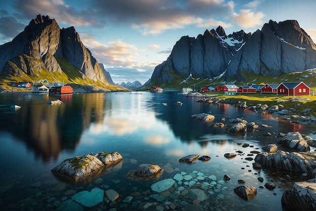 Lofoten é um arquipélago no condado de Nordland Noruega é conhecida por uma paisagem distintiva com montanhas dramáticas e picos mar aberto e baías protegidas praias e terras intocadas