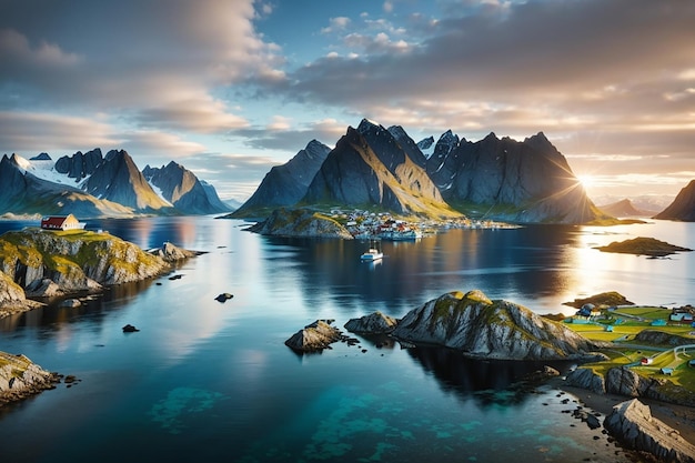 Lofoten é um arquipélago no condado de Nordland Noruega é conhecida por uma paisagem distintiva com montanhas dramáticas e picos mar aberto e baías protegidas praias e terras intocadas