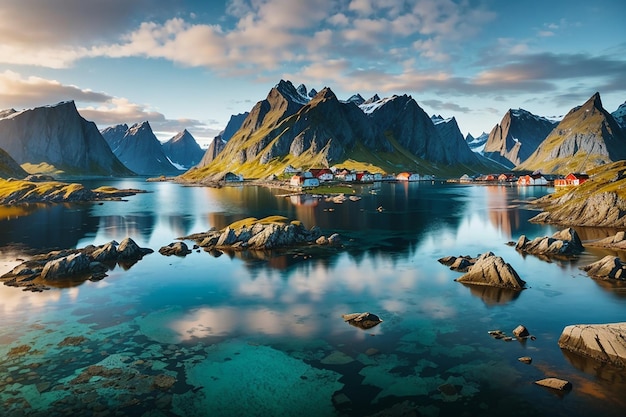 Lofoten é um arquipélago no condado de Nordland Noruega é conhecida por uma paisagem distintiva com montanhas dramáticas e picos mar aberto e baías protegidas praias e terras intocadas