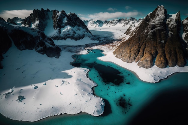 Lofoten-Inseln erstaunliche Winterlandschaft der mit Schnee und Eis bedeckten Berge Luftbild Blaues, klares, transparentes Lofoten-Wasser