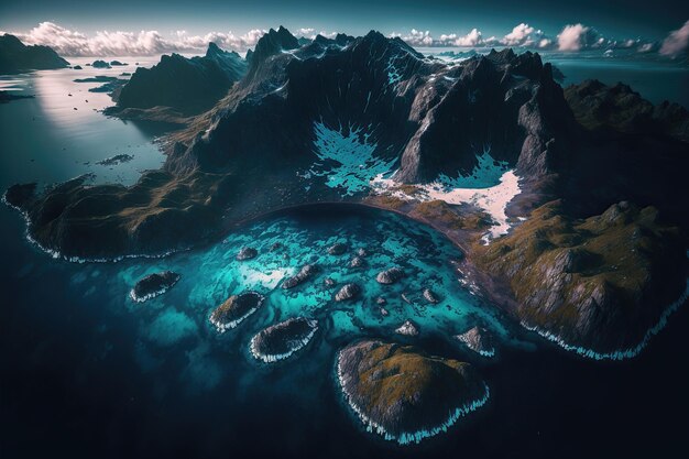 Lofoten-Inseln erstaunliche Winterlandschaft der mit Schnee und Eis bedeckten Berge Luftbild Blaues, klares, transparentes Lofoten-Wasser