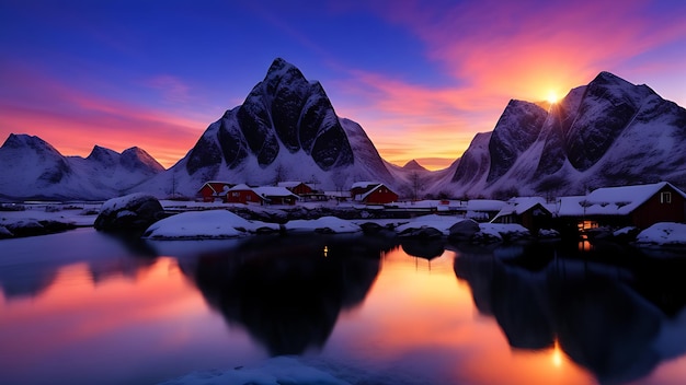 Lofoten-Inseln Norwegen Reine Lofoten Sonnenuntergang Berg Winter Schnee Meer Wasser Spiegelung Natur