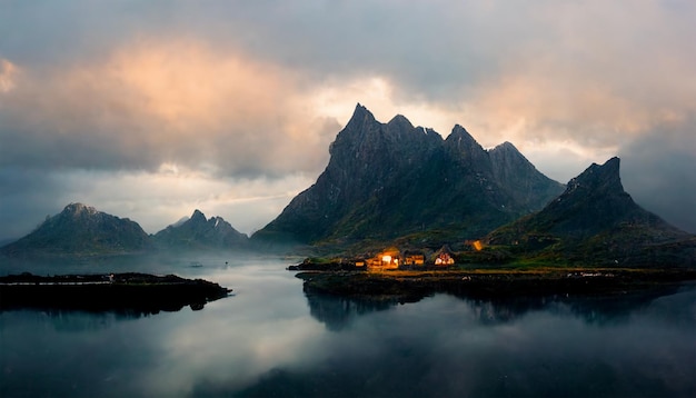 Lofoten Norwegen Insel Ozean Berg bewölkter Himmel Abend