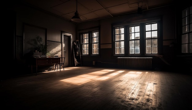 Loft antiguo abandonado con silla oxidada generado por IA