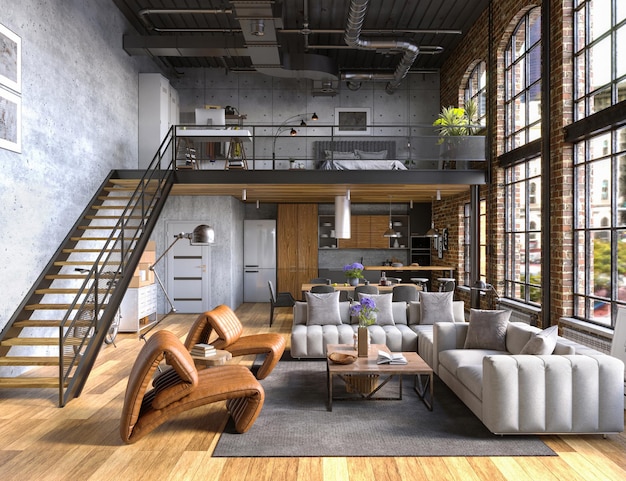 Loft-Apartment im Industriestil mit Bogenfenstern und Innenbalkon 3D-Rendering