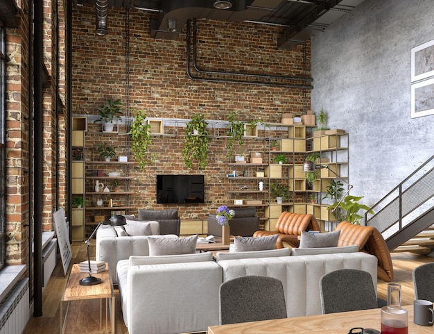 Loft-Apartment im Industriestil mit Bogenfenstern und Innenbalkon 3D-Rendering