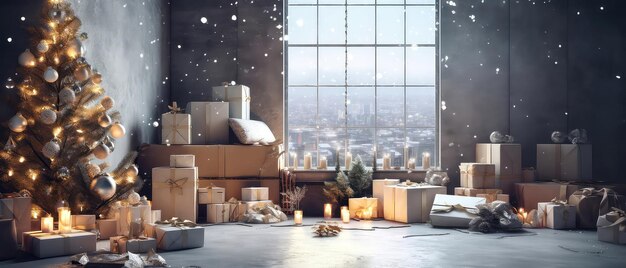 Loft-Apartmentzimmer geschmückt mit Weihnachtsbaum Geschenk Kisten leuchten Kerzen auf Beton Textur Ort