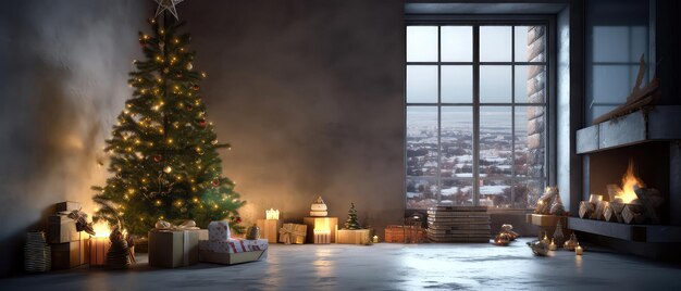 Loft-Apartmentzimmer geschmückt mit Weihnachtsbaum Geschenk Kisten leuchten Kerzen auf Beton Textur Ort