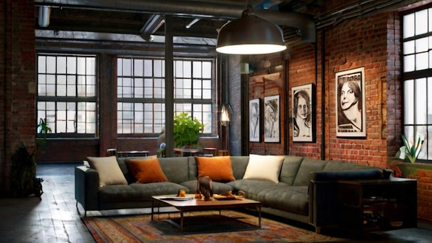 Un loft artístico sala de estar interior con un sofá y una lámpara en la pared