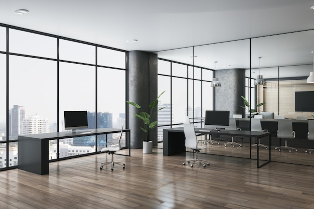 Loft aus Holzbeton und Glas Coworking Office Interieur mit Möbelausstattung Fenster und Blick auf die Stadt Rechtliches und kommerzielles Arbeitsplatzkonzept 3D-Rendering