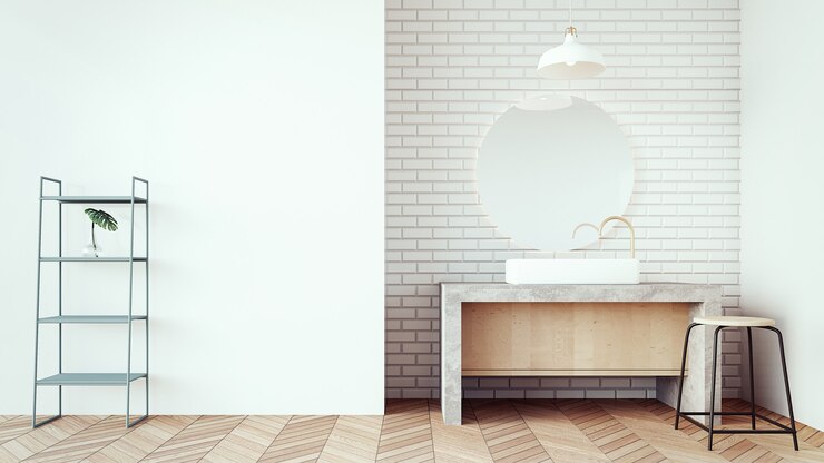 Loft y baño moderno de lavabo / interior de render 3D