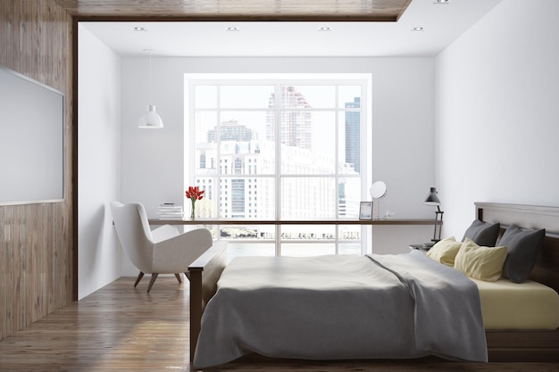 Loft blanco y dormitorio de madera con un televisor en una pared de madera oscura y una cama de manta gris. maqueta de renderizado 3d