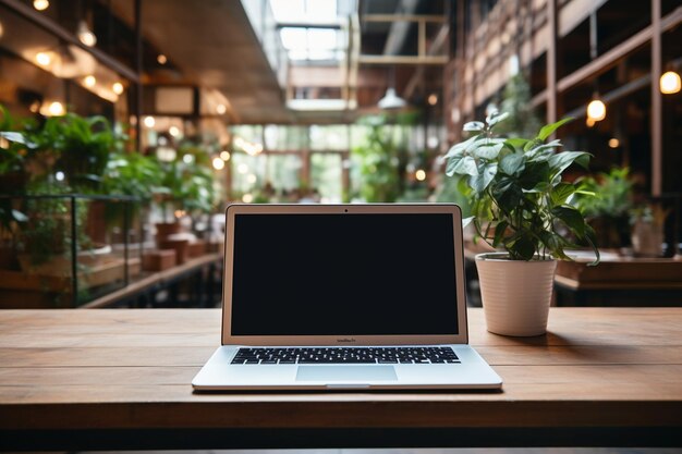 Loft-Büro-Ästhetik-Laptop mit klarem Bildschirm auf dem Schreibtisch. Generative KI