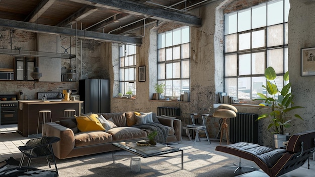 Loft de sala de estar em estilo industrial AI Generative