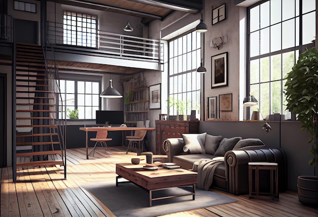 Loft de sala de estar em renderização 3d de estilo industrial gerado por IA