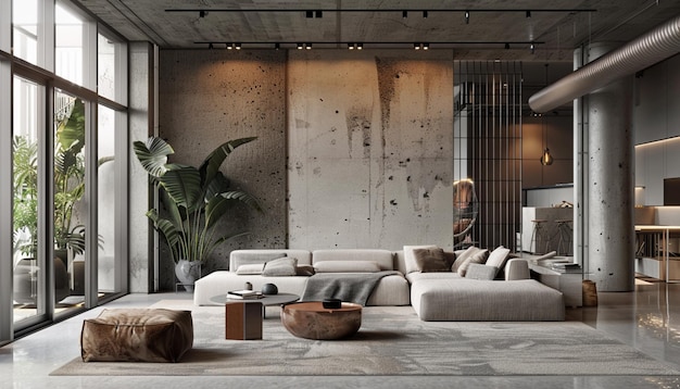 Loft home design interior de sala de estar moderna apartamento estúdio com parede de concreto e coluna