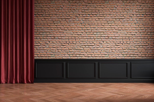 Loft interior vazio com brickwall, cortina vermelha, molduras e piso de madeira.