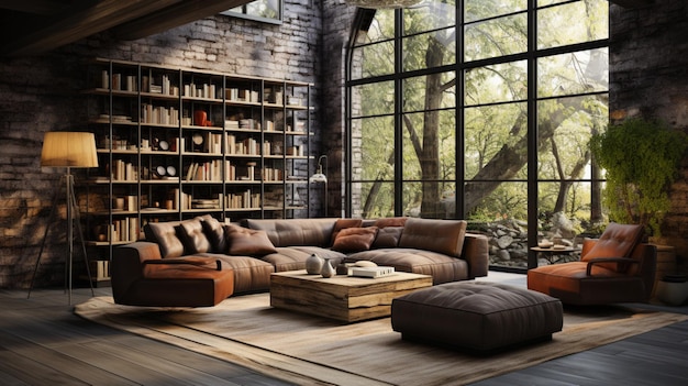 Loft-Luxus-Wohnzimmer mit Puff und Bücherregal Generative KI