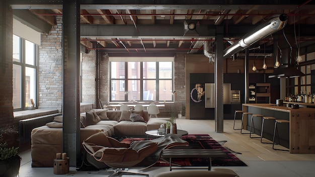 Loft minimalista con espacios abiertos y elementos de diseño industrial
