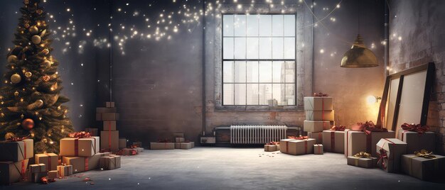 Loft quarto de apartamento decorado árvore de Natal caixas de presentes velas de luz em lugar texturizado de concreto