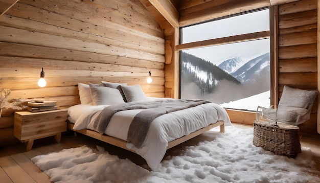 Loft quarto nas montanhas com ambiente de inverno