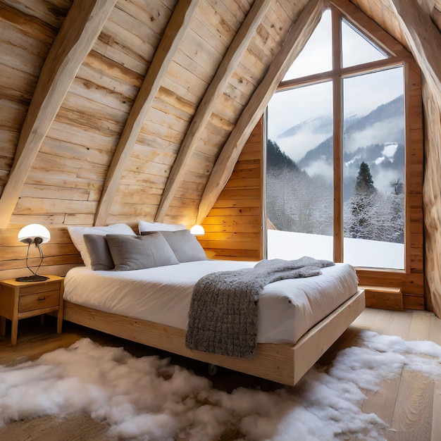 Loft quarto nas montanhas com ambiente de inverno