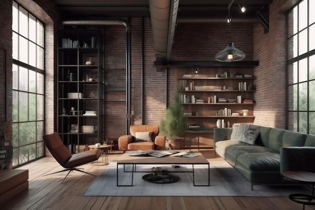 Loft de sala de estar en estilo industrial generado por ai.