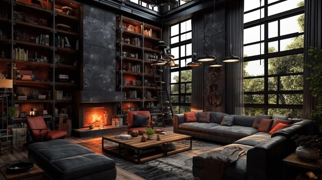 Loft de salón oscuro con chimenea que muestra una estética industrial