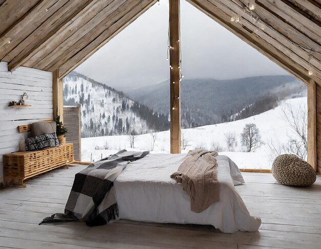 Loft-Schlafzimmer in den Bergen mit Winteratmosphäre mit Bettdecke oder Decke