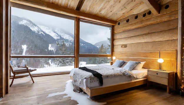 Loft-Schlafzimmer in den Bergen mit Winteratmosphäre