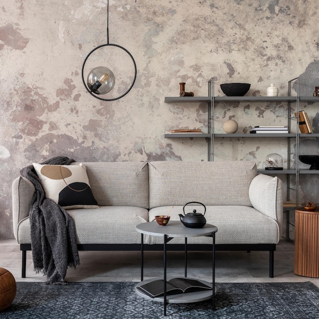 Loft-Stil der modernen Wohnung mit grauem Sofa mit kariertem Teppich Couchtisch und persönlichen Accessoires Graue Betonwand Wohnkultur Vorlage