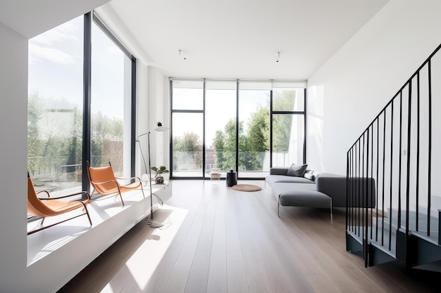 Lofthouse com móveis flutuantes de design minimalista e luz natural criada com inteligência artificial generativa