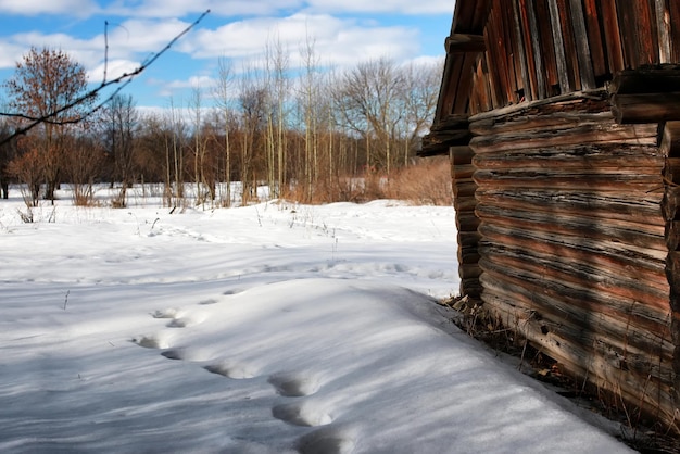 Log house pared paisaje invierno