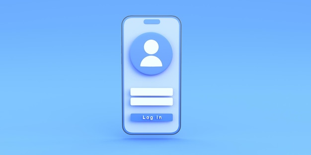 Log in Bildschirm auf blauem Smartphone mit blauem Hintergrund 3D-Rendering