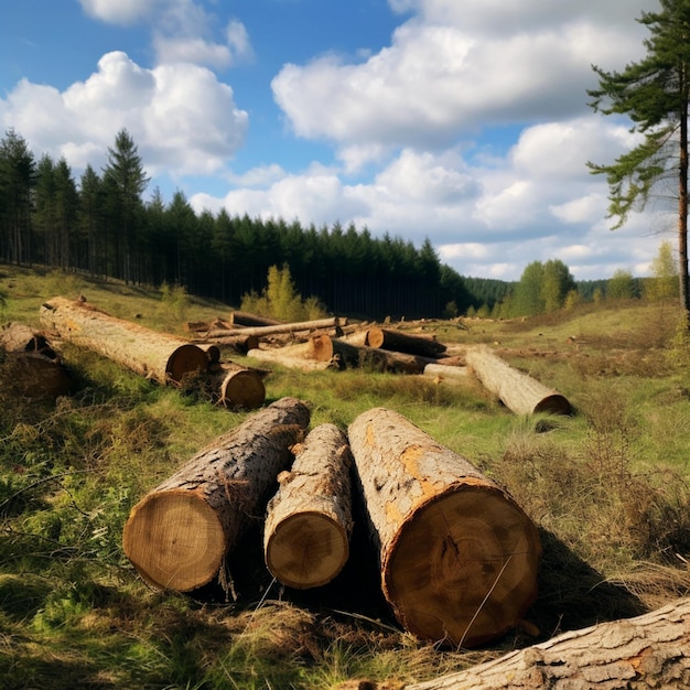 Log y pila de madera en el bosque para la cosecha de la deforestación y la industria de la madera generada