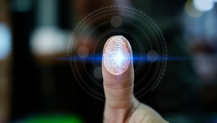 Foto login de empresário com tecnologia de digitalização de impressão digital. impressão digital para identificar pessoal, sistema de segurança