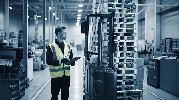 Logística y almacén cargador de almacén están sosteniendo un clipboard