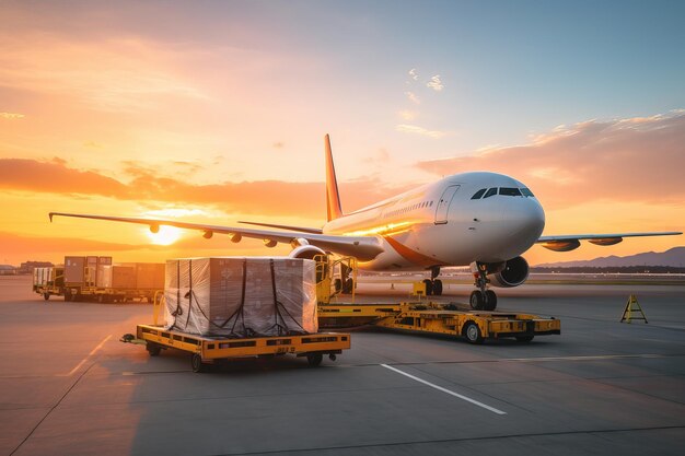 logística de despacho y expedición avión de carga descarga contenedores con cajas IA generativa