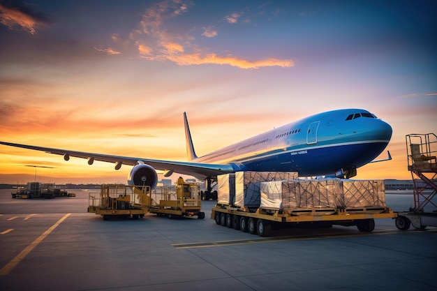 logística de despacho y expedición avión de carga descarga contenedores con cajas IA generativa
