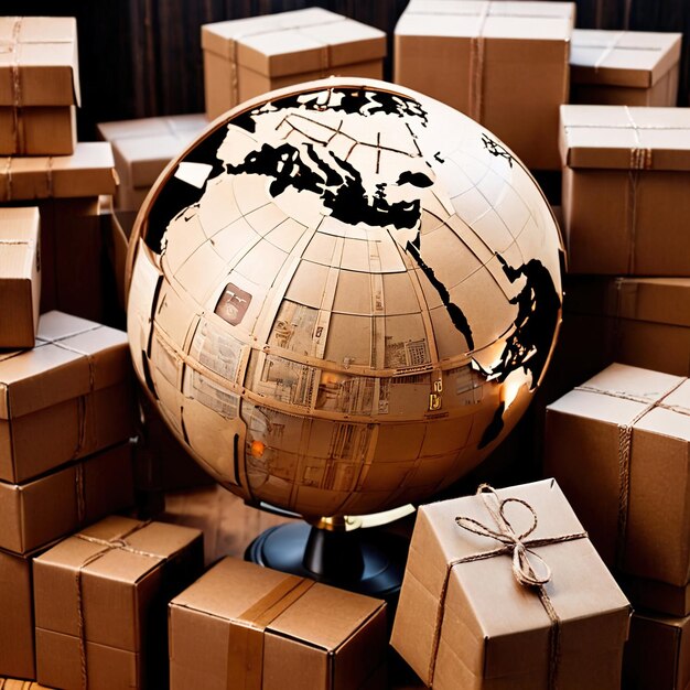 Foto logística e entrega internacionais globais mostradas por um globo circundado por caixas de papelão