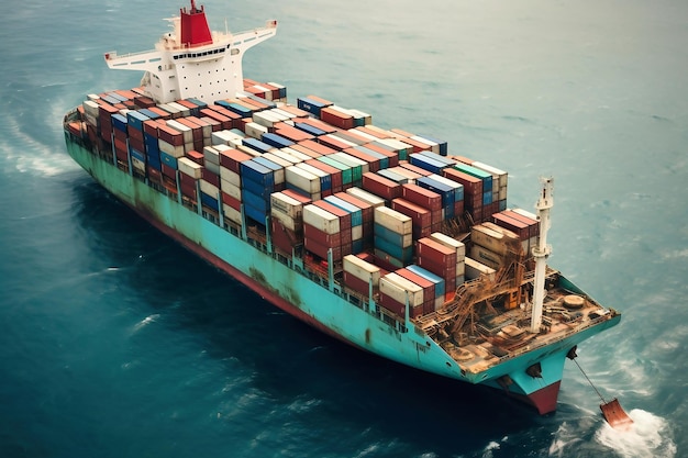 Logística empresarial global de carga de importação e exportação Navio de carga com contêineres marítimos a bordo no porto Transporte de mercadorias através do oceano Navio com contêineres no oceano