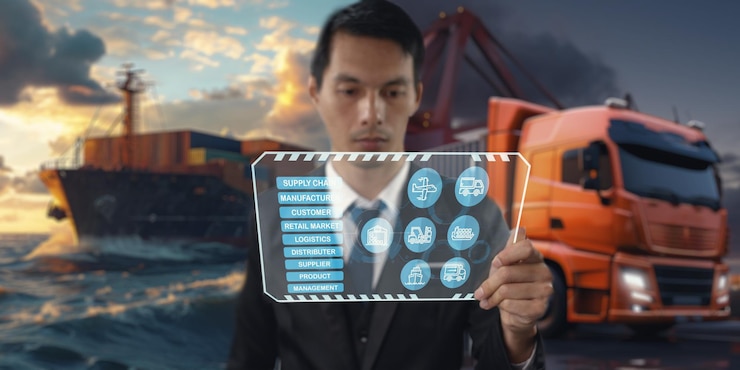 Foto logística empresarial importación, exportación y industria del transporte crecimiento de la red de distribución de transporte y logística buque de carga de contenedores y camiones de carga industrial para el transporte marítimo