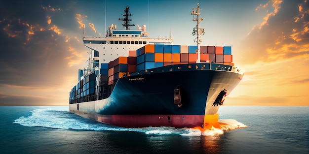 Logística y transporte del buque de carga de contenedores internacionales en el océano en el cielo crepuscular Transporte de carga Envío Generativo Ai