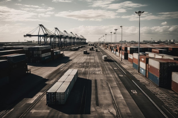 Foto logística y transporte de buques de carga de contenedores y aviones de carga con puente de grúa en funcionamiento en el astillero al amanecer antecedentes logísticos de la industria de importación, exportación y transporte