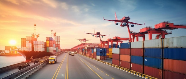 logística y transporte de buques de carga de contenedores y aviones de carga con puente de grúa en funcionamiento