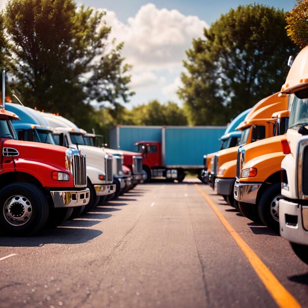 Foto logística del transporte por carretera por fila de camiones