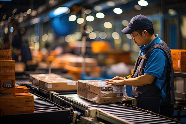 logística y transporte de paquetes en el vasto sistema de cintas transportadoras de China. Generado con IA