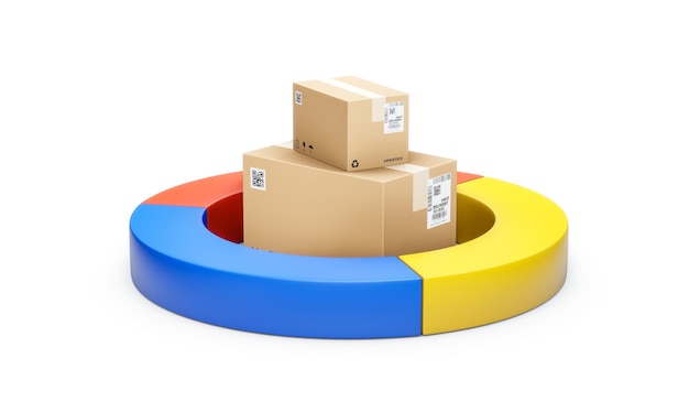 Logistik-Frachtindustrie der Lieferung Tortendiagramm Versand Geschäftsdatenkonzept oder kommerzieller Transport Frachtgut Box Lagerung Industrie- und Export-Informationsdiagramm isoliert auf weißem 3D-Hintergrund.