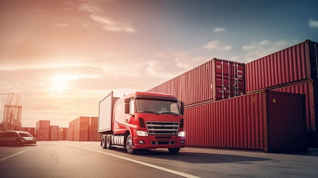 Logistik für den Import und Export von Containern, Frachtschiffen und Lastwagen, die Container transportierenGenerative AI