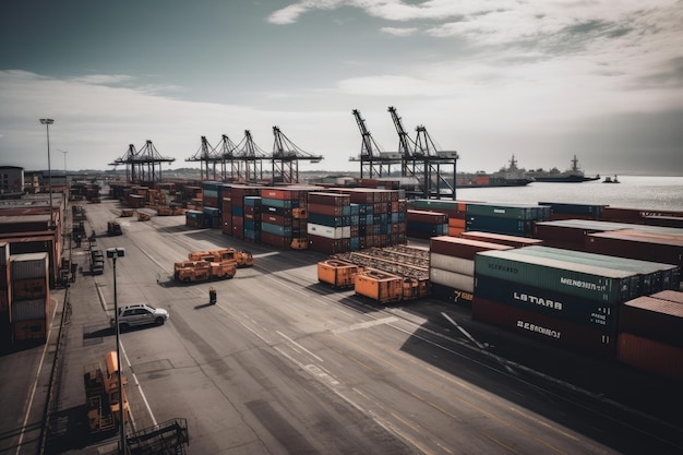 Logistik und Transport von Containerfrachtschiffen und Frachtflugzeugen mit funktionierender Kranbrücke in der Werft bei Sonnenaufgang, logistischer Import, Export und Hintergrund der Transportindustrie